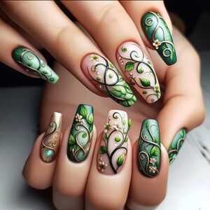 Green & Cream Floral Press On Nail Art Reusable 24 pc Ballet Medium Matte NWT
